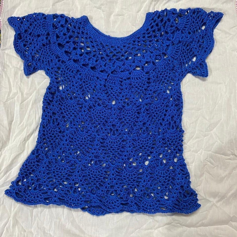 Crocheted Handmade Cotton Thread Pullover Top for Woman - Blue, Large Size - Picture 7 of 8